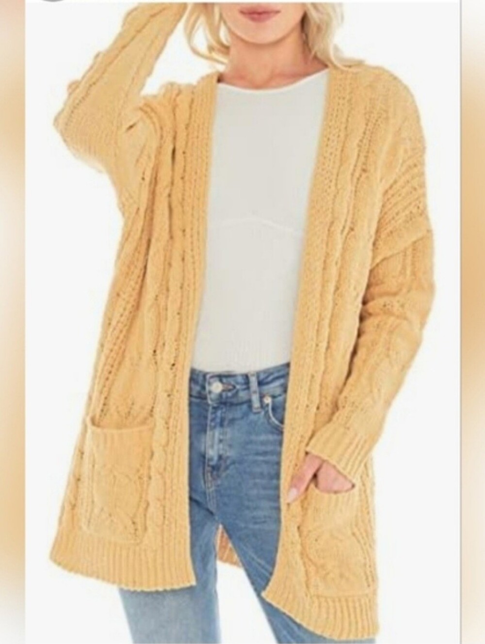Love Tree Mustard Yellow Cable Knit Open Cardigan Sz L